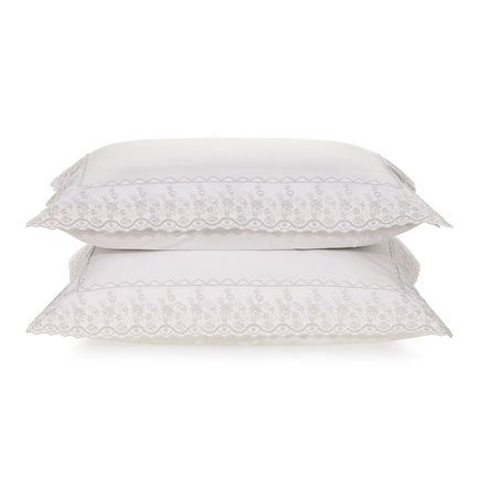 Fronha 2 Peças 200 Fios Bordado Antônia Branco/Prata