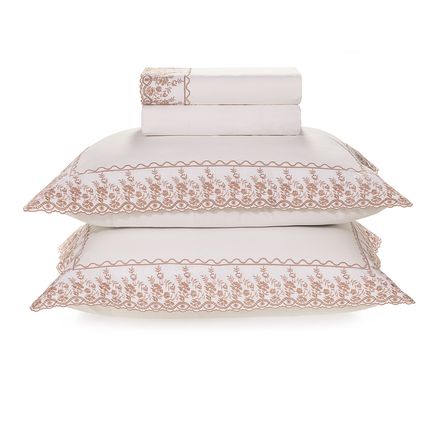Jogo de Cama Casal 200 Fios Bordado Antônia Branco/Rosa