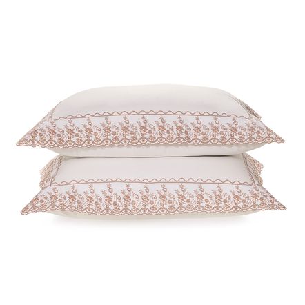 Fronha 2 Peças 200 Fios Bordado Antônia Branco/Rosa