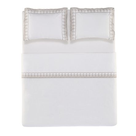 Jogo de Cama King Bordado 200 Fios Percal 100% Algodão Antônia Branco/Fendi