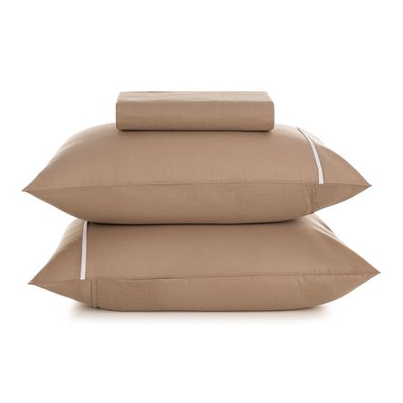 Lençol Queen com Elástico e Fronhas 100% Algodão Noah Caramelo/Branco