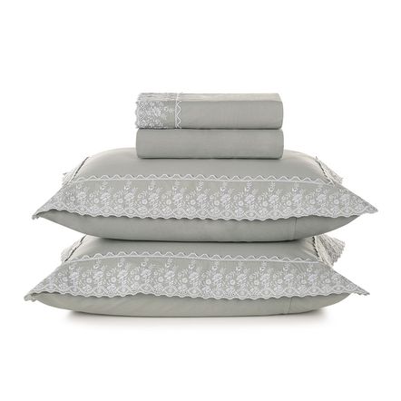 Jogo de Cama Queen 200 Fios 100% Algodão Antônia Mineral/Branco