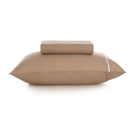Lençol Solteiro com Elástico e Fronha 100% Algodão Noah Caramelo/Branco
