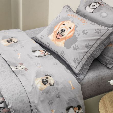 Jogo de Cama Infantil Solteiro 200 Fios 100% Algodão Dog