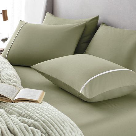 Lençol Queen com Elástico e Fronhas 100% Algodão Noah Verde Chá/Branco