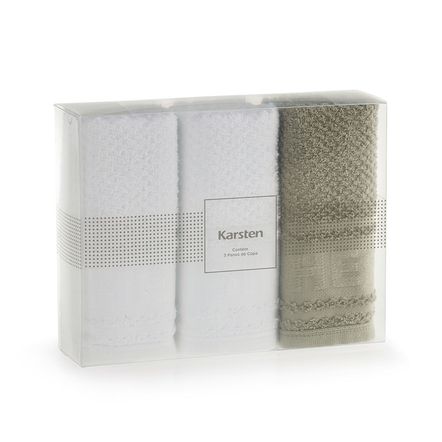 Kit Pano de Prato Felpudo 100% Algodão Cuisine Branco/Eucalipto/Branco