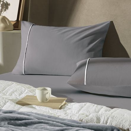 Lençol King com Elástico e Fronhas Noah Cinza Lunar/Branco