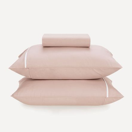 Lençol Queen com Elástico e Fronhas Percal 100% Algodão Noah Rosa/Branco