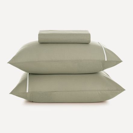 Lençol Queen com Elástico e Fronhas 100% Algodão Noah Verde Chá/Branco