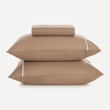 Lençol Queen com Elástico e Fronhas 100% Algodão Noah Caramelo/Branco