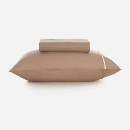 Lençol Solteiro com Elástico e Fronha 100% Algodão Noah Caramelo/Branco