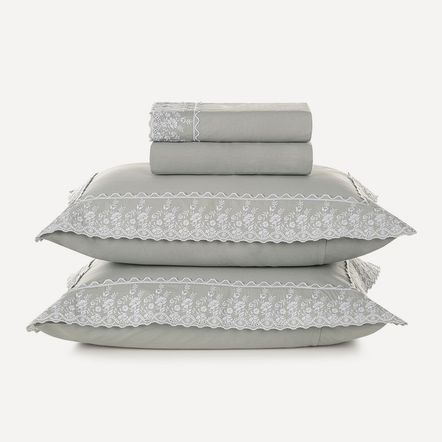 Jogo de Cama Casal 200 Fios 100% Algodão Antônia Mineral/Branco