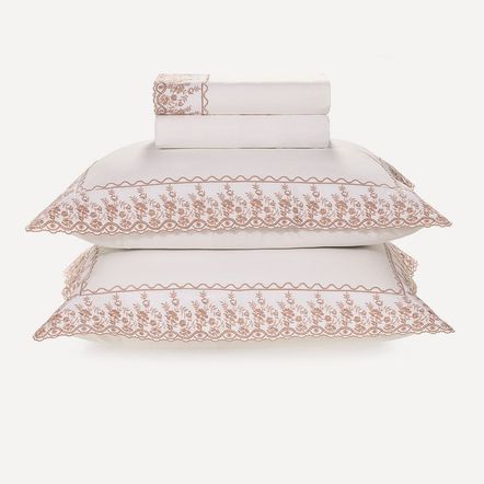 Jogo de Cama King 200 Fios Bordado Antônia Branco/Rosa