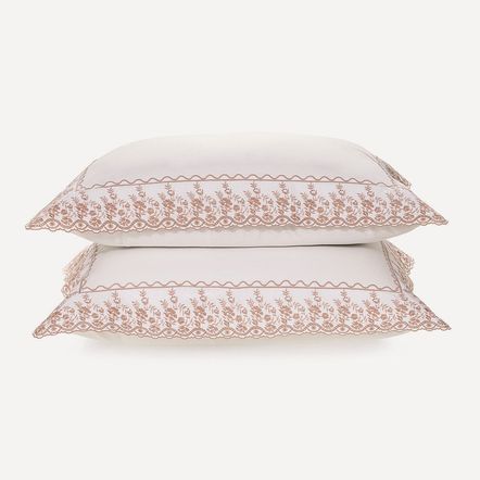 Fronha 2 Peças 200 Fios Bordado Antônia Branco/Rosa
