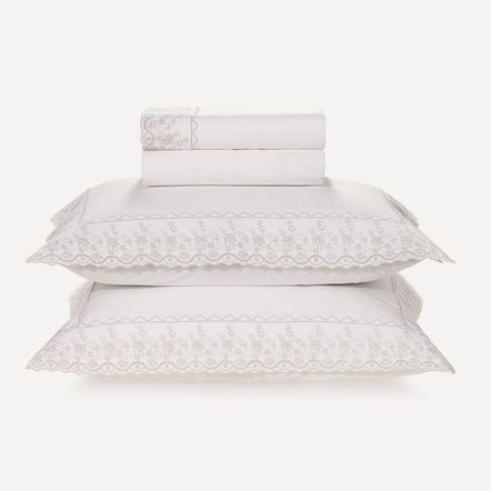 Jogo de Cama Queen 200 Fios Bordado Antônia Branco/Prata