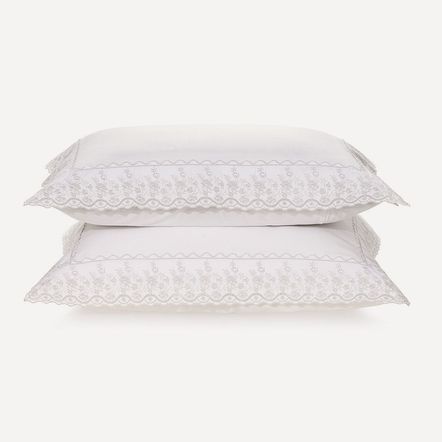 Fronha 2 Peças 200 Fios Bordado Antônia Branco/Prata