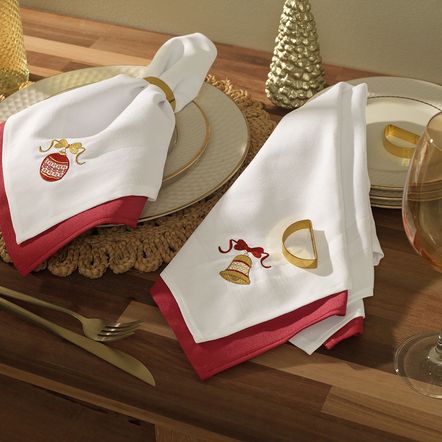 Kit 2 Guardanapos de Natal com Bordado Enfeites Branco