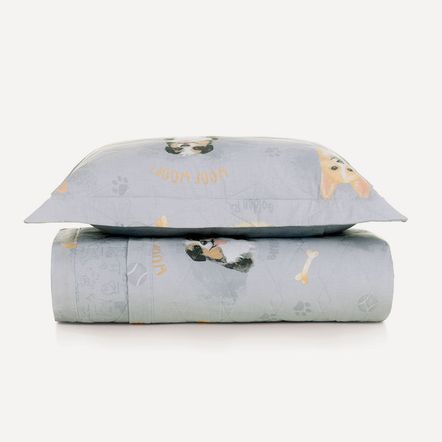 Colcha Infantil Solteiro com Porta Travesseiro 200 Fios 100% Algodão Dog