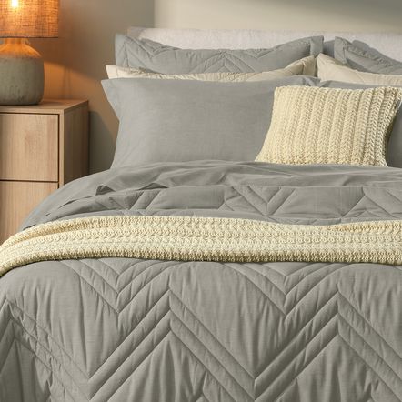 Colcha Casal com 2 Porta-travesseiros 100% Algodão Tesso Cinza