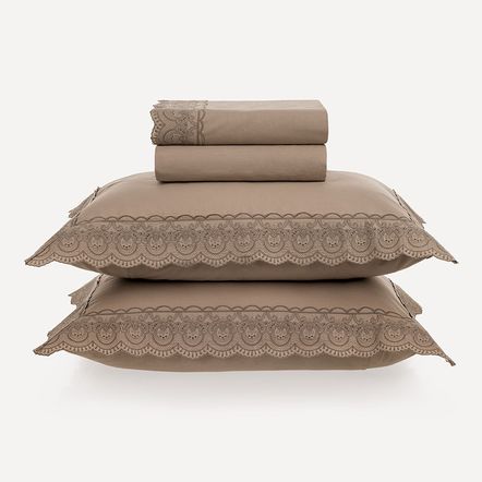 Jogo de Cama Casal 200 Fios 100% Algodão Alice Bege Rosê/Castanho