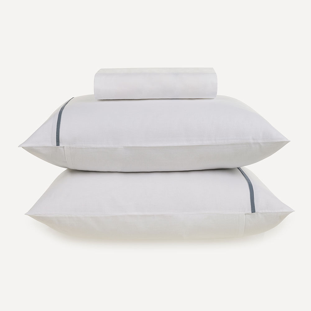 Lençol King com Elástico e Fronhas 100% Algodão Noah Branco/Azul Porcelana