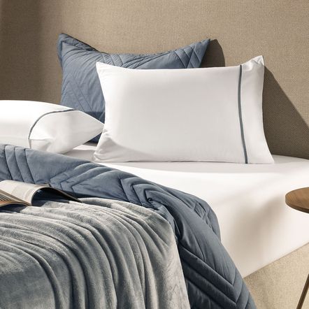 Lençol Casal com Elástico e Fronhas 100% Algodão Noah Branco/Azul Porcelana