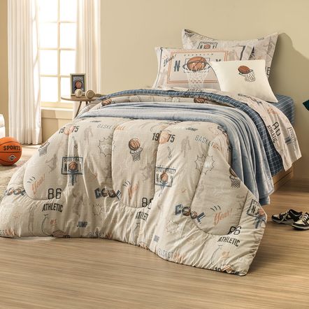 Jogo de Cama Infantil Solteiro 200 Fios 100% Algodão Basquete